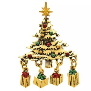 GOLDEN CHRISTMAS TREE BROOCH WITH PRESENTS UNDERNEATH